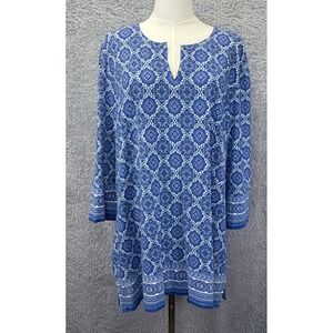 Coolibar XXL St Lucia Tunic Top UPF 50+ UV Protection Blue Floral 3/4 Slv V Neck